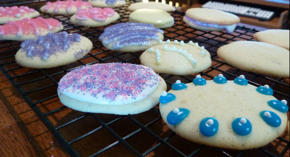 Decorated lemon cookies pink and purple sugar and nonpareils